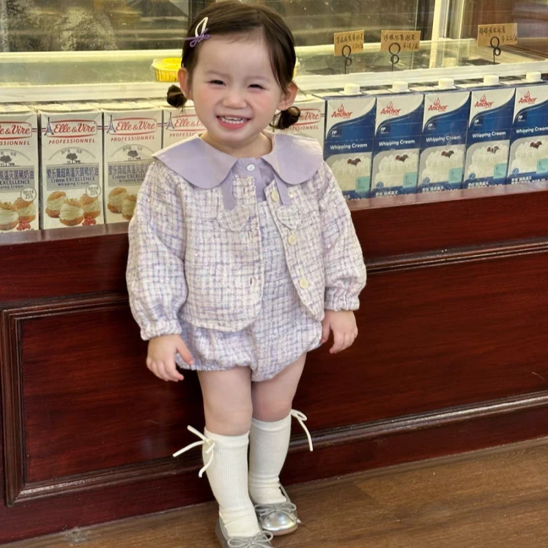 春秋款宝宝衣服新款长袖爱心衬衫小香风长袖吊带包屁三件套