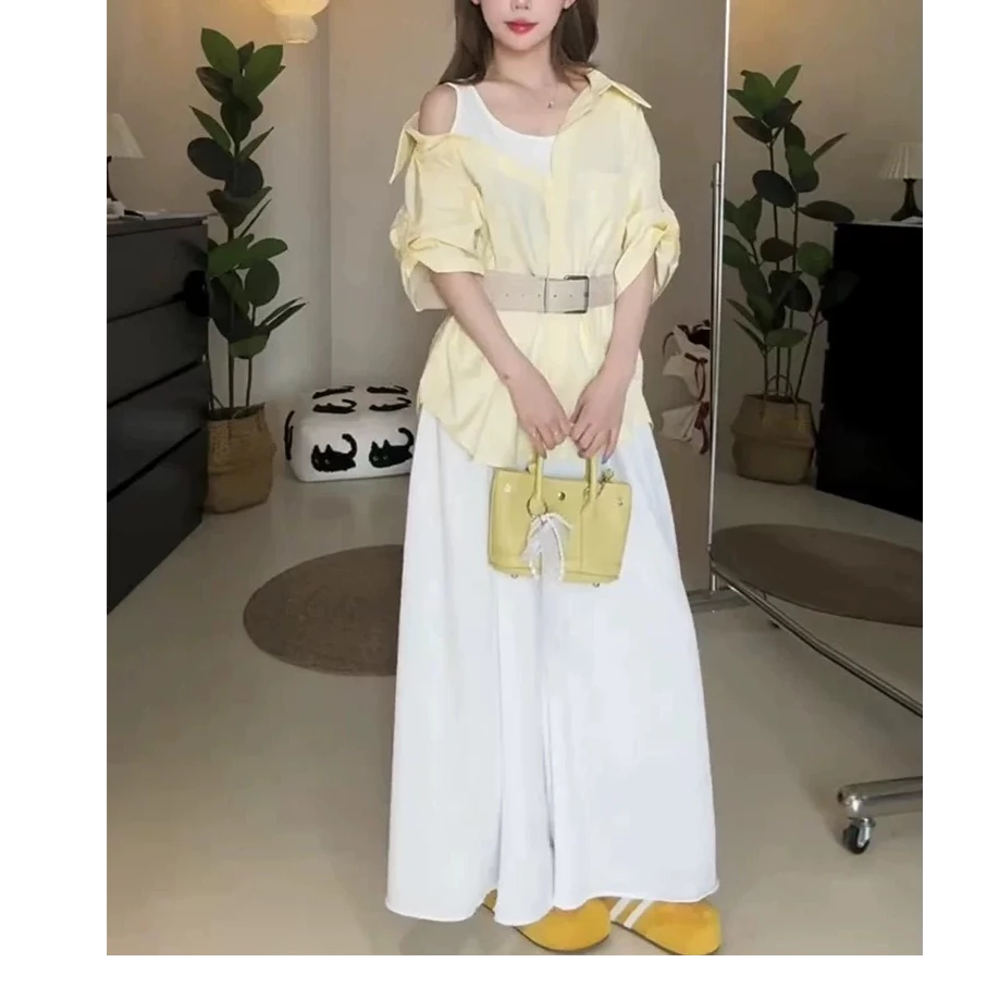 【大脸】拼接假两件镂空露肩衬衫设计感收腰套装459207衣/459872裤