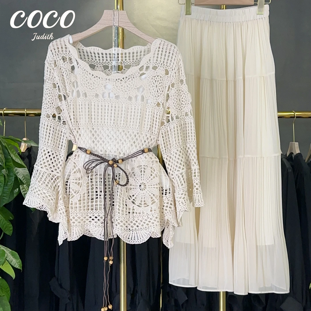 【RG5680】2025年新款蕾丝小香风气质白色针织时尚镂空百搭套装