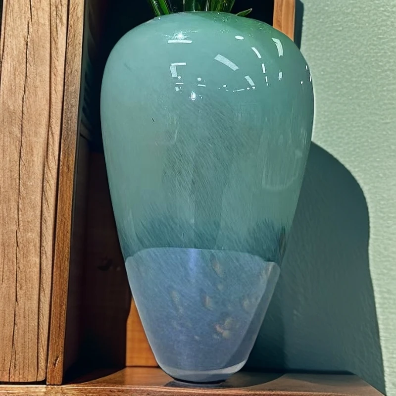 新中式渐变孔雀翎手工大口径琉璃花瓶摆件