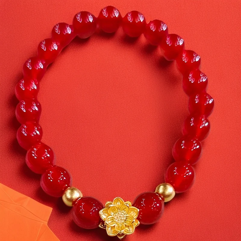 足金黄金 （5D工艺）好运连连 新年礼物 送妈妈礼物 红玛瑙 8m 爆款