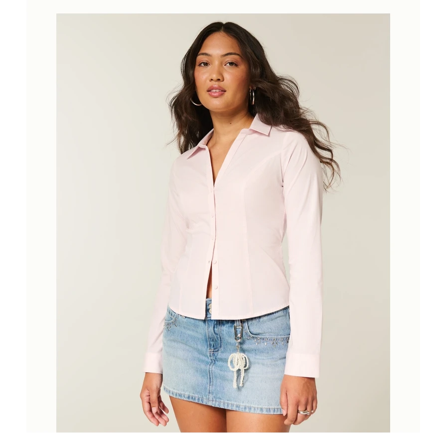Hollister25秋冬新款Y2K美式辣妹修身府绸系带衬衫女装340-5465