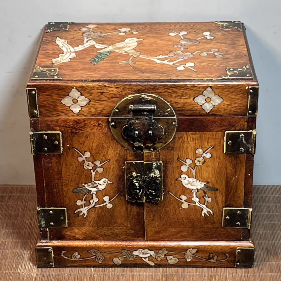 古玩怀旧老货老物件复古花梨木镶嵌彩贝壳喜鹊登梅官箱实木首饰盒