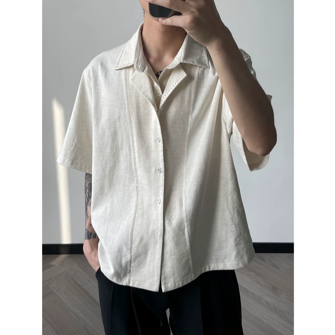 QIUYIDAODI“手缝线”莱赛尔亚麻混纺双领老钱风透气短袖衬衫上衣男