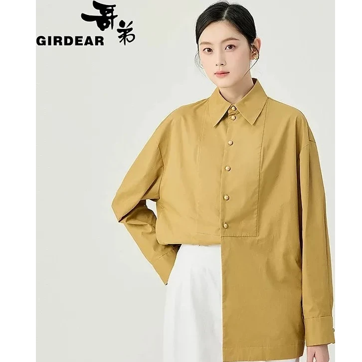 哥弟新款简约百搭绒感翻领分割设计双口袋宽松廓形长袖衬衫130043
