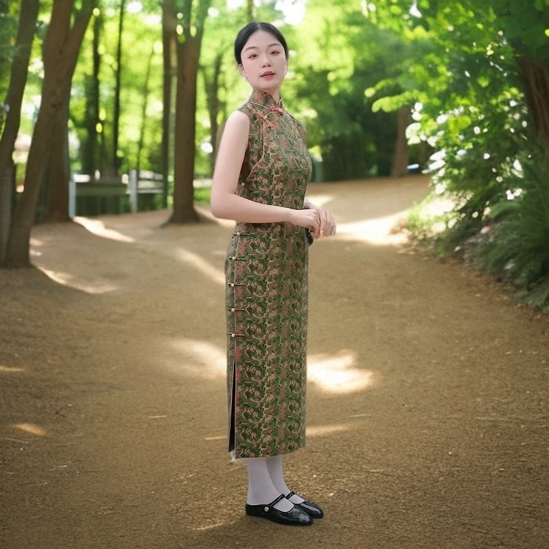 上海中国风一路绿灯旗袍非遗宋锦古法手工香云纱手工非遗服饰旗袍