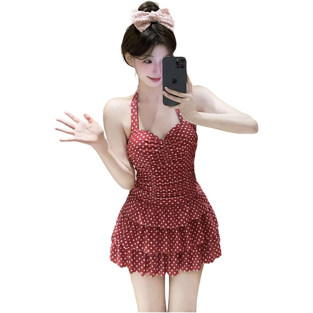2025新款连体裙式泳衣女夏性感挂脖钢托聚拢遮肉显瘦纯欲海边沙滩