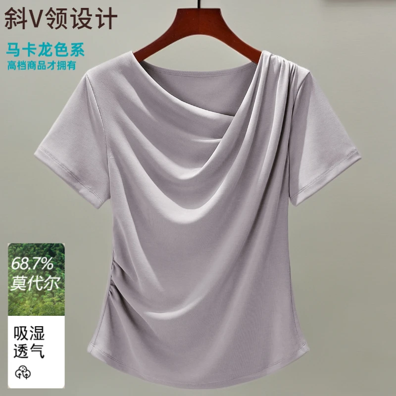 【JW】高级莫代尔斜V领设计感小众正肩短袖T恤女2025夏季新款遮小肚