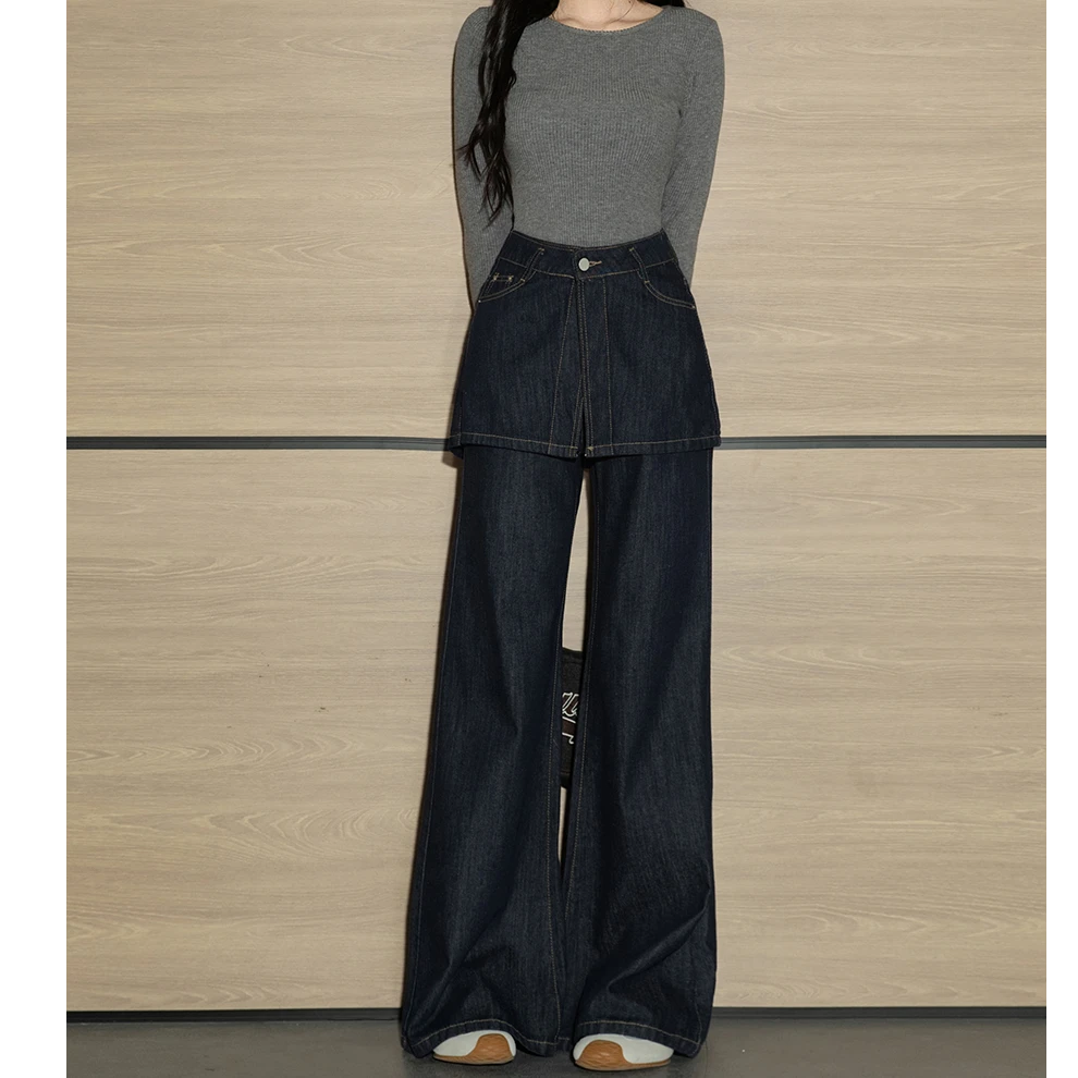 韩系假两件设计阔腿牛仔裤女2025早秋新款宽松显瘦垂感拖地裤子