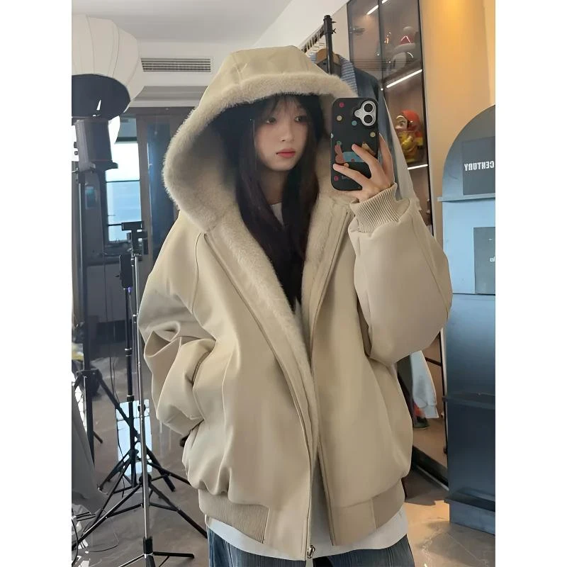 美式复古座山雕pu皮衣外套男女冬季加绒加厚毛领连帽短款棉衣夹克