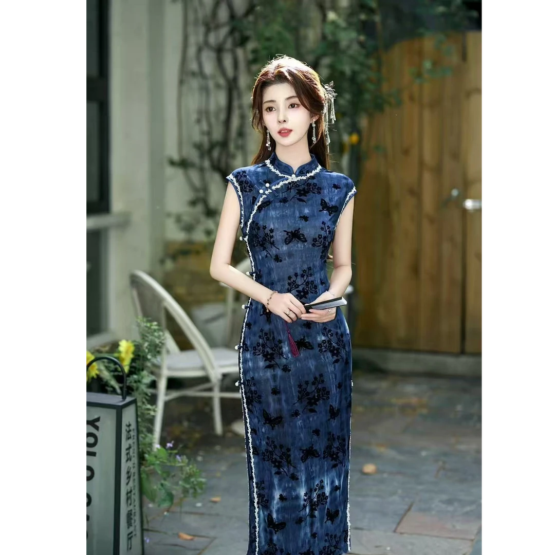 【清波引】夏季新款蓝色牛奶丝植绒后拉链优雅修身旗袍裙