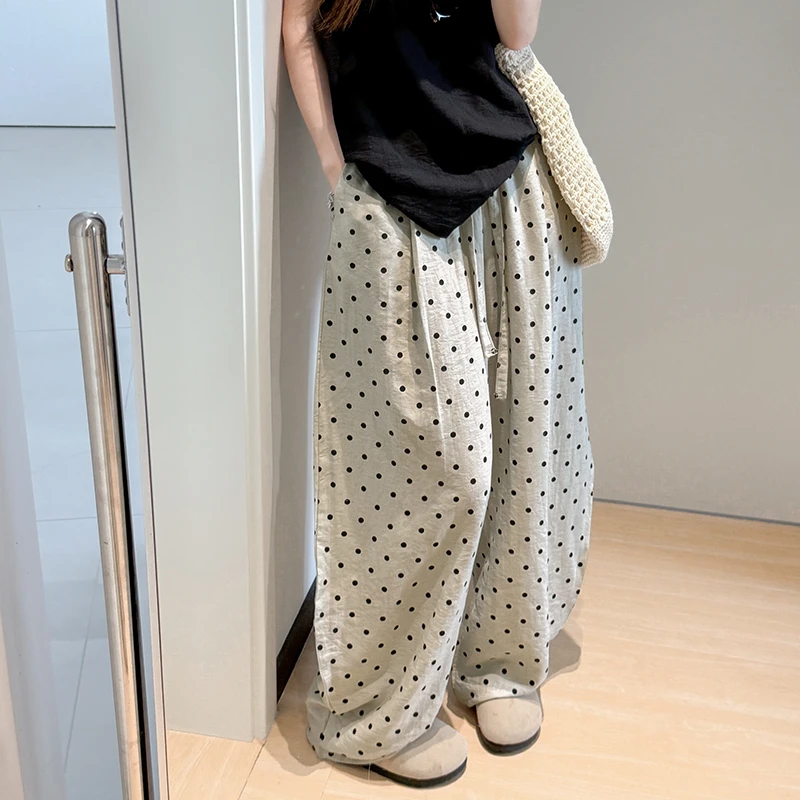 重工亚麻~波点印花松紧腰薄款棉麻休闲裤女夏季松弛感阔腿弯刀裤