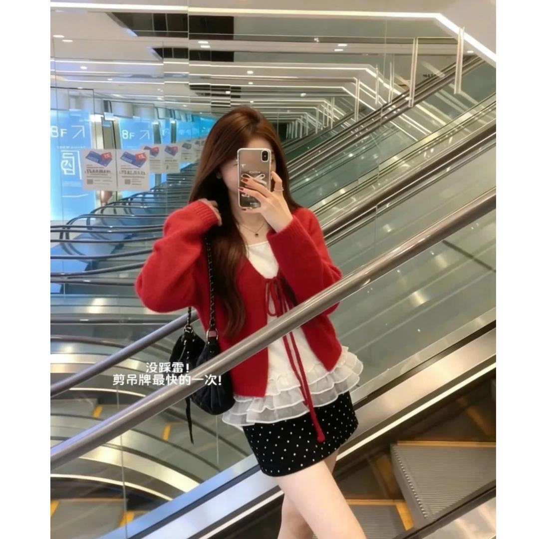 韩系chic红色系带长袖针织开衫女秋冬独特漂亮毛衣外套短款小上衣