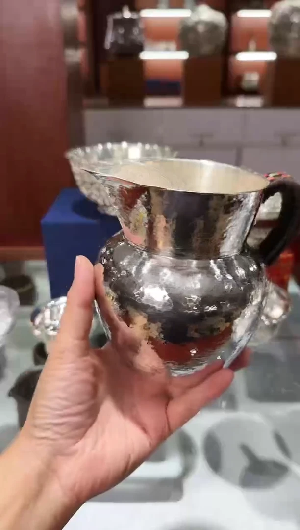 豆*哥足银999精工手工锤纹素面煮茶器