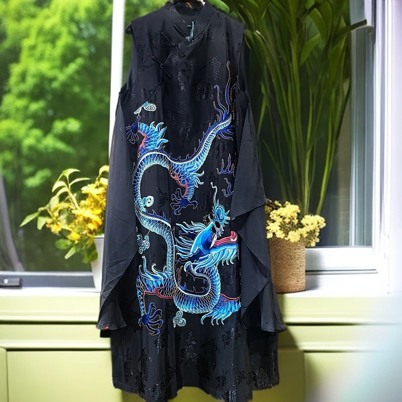 赵掌柜——老缎蓝龙旗袍裙Y-9370