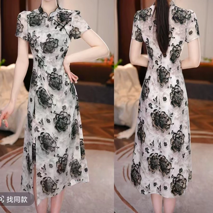 2025年夏季显瘦新款玫瑰旗袍中长款连衣裙气质高贵轻奢高端不挑人