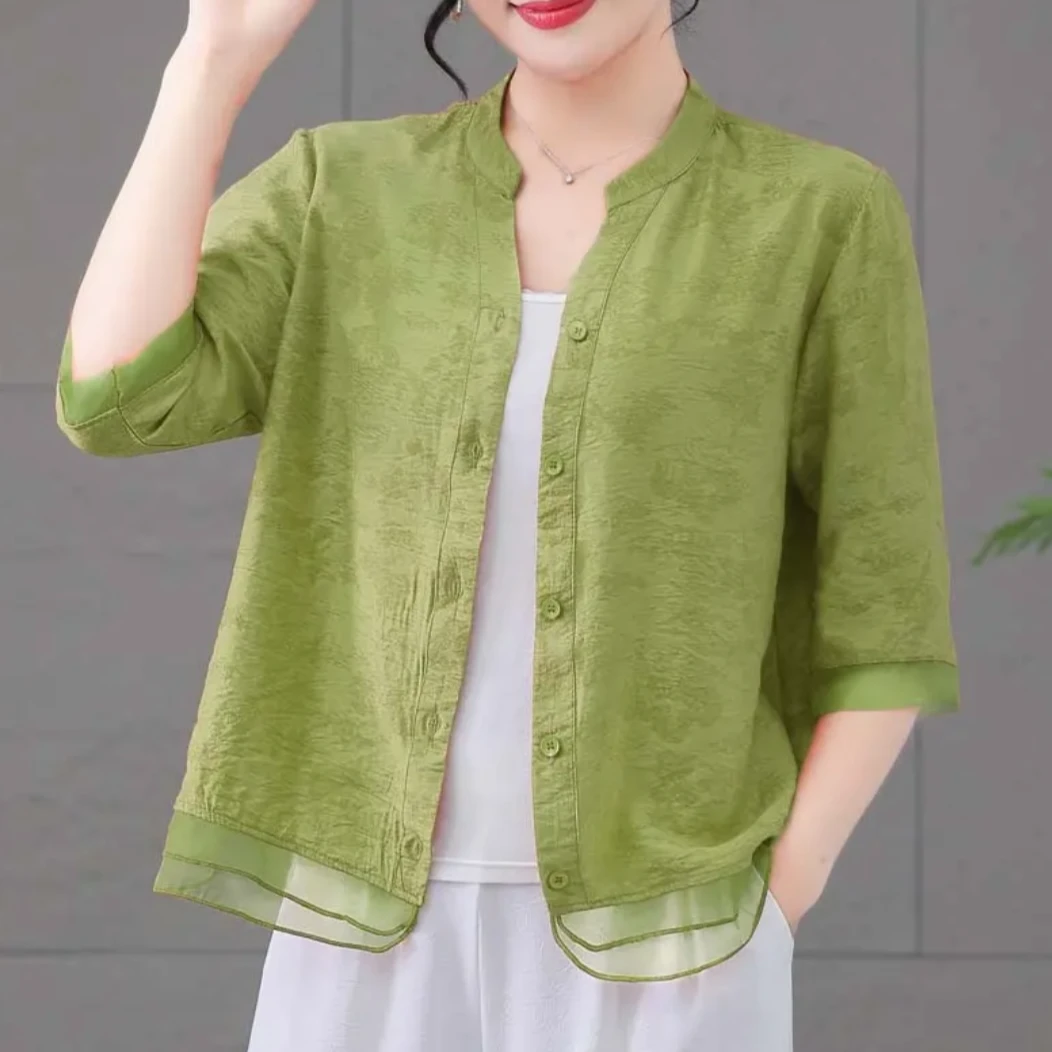 妈妈夏季短袖小开衫2025新款中老年女装时尚衬衫薄款休闲小衫上衣