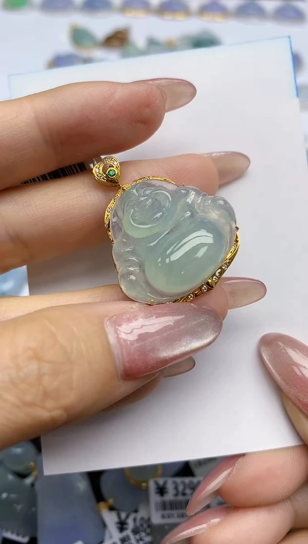 【闪购商品】翡翠挂件18K金镶嵌天然翡翠A货