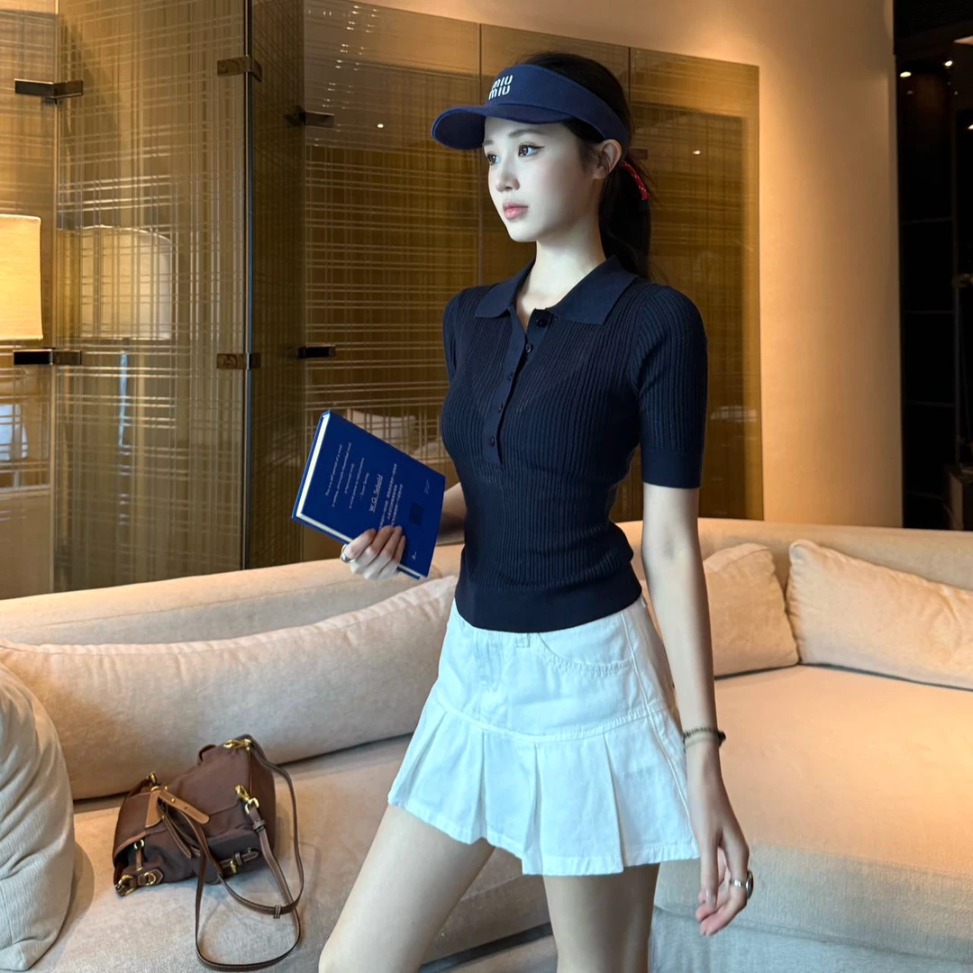 miu系时髦短袖翻领镂空polo衫女2025夏季时尚修身显瘦针织上衣