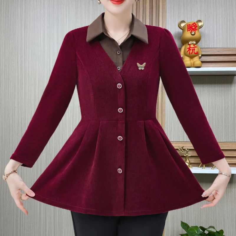 瞬杭中老年妈妈装春秋季新款长袖衬衫女显瘦遮肚子大码洋气小衫女