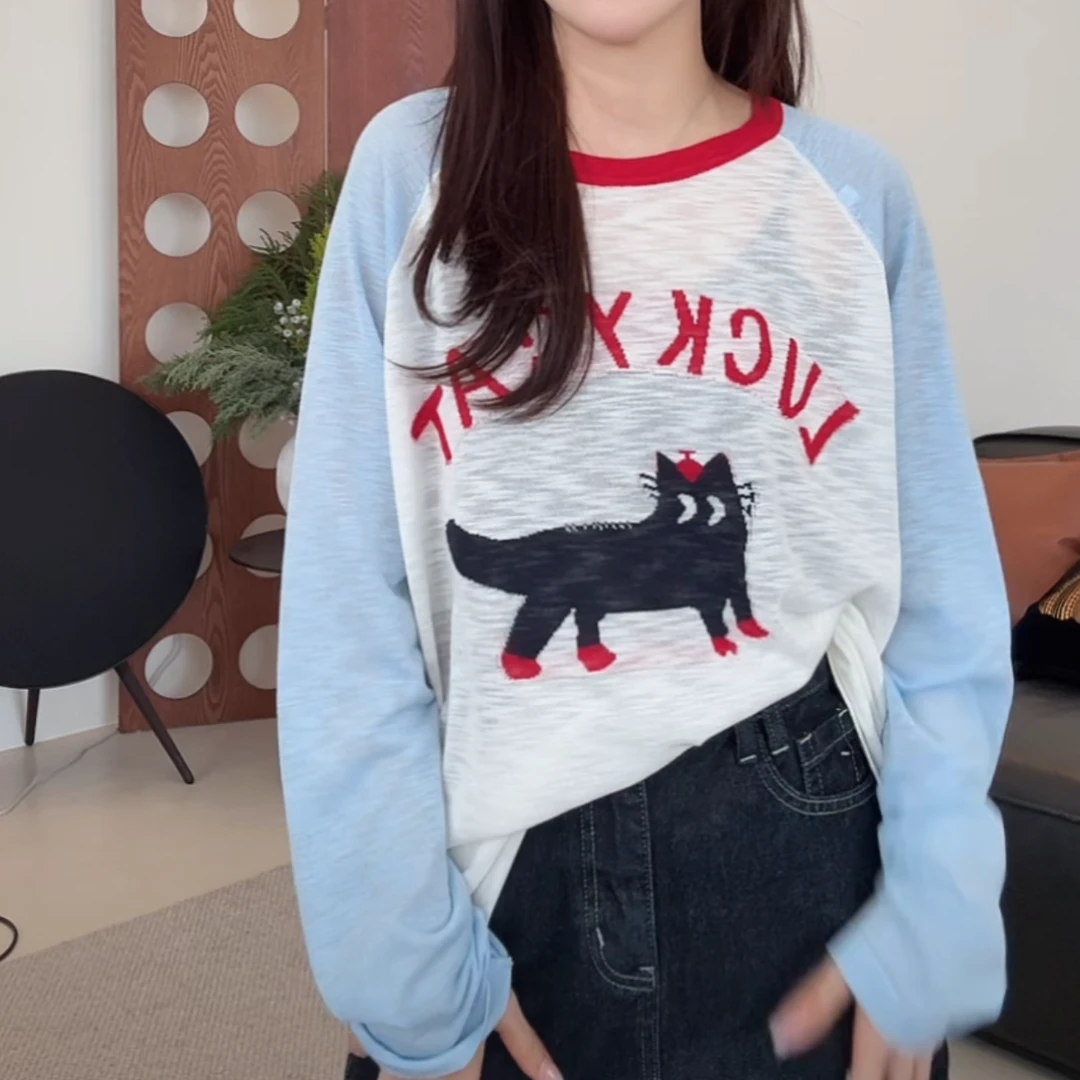 幸运猫刺绣撞色防晒T2025新款春夏圆领卡通字母撞色长袖罩衫上衣