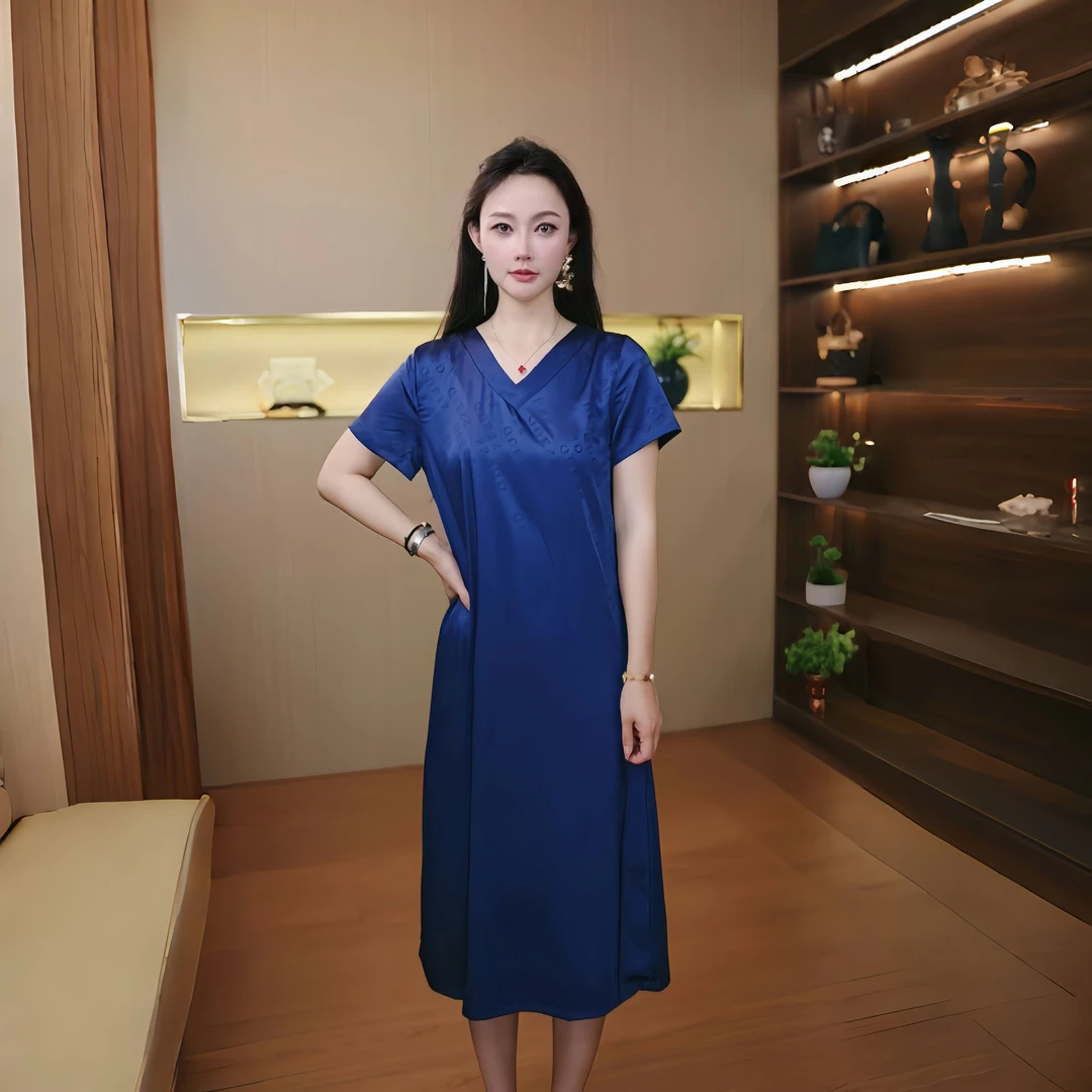 10038-气质长款连衣裙新款夏季纯色时尚中年妈妈长裙【G仓】