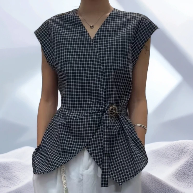 韩系上衣显瘦气质收腰格子复古夏季百搭时尚系带格纹设计感休闲