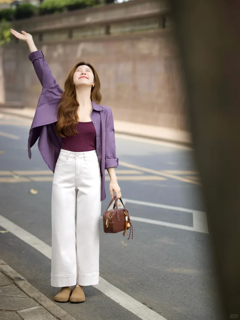 春夏温柔风搭配一整套装女韩系紫色衬衫背心叠穿搭配休闲裤三件套