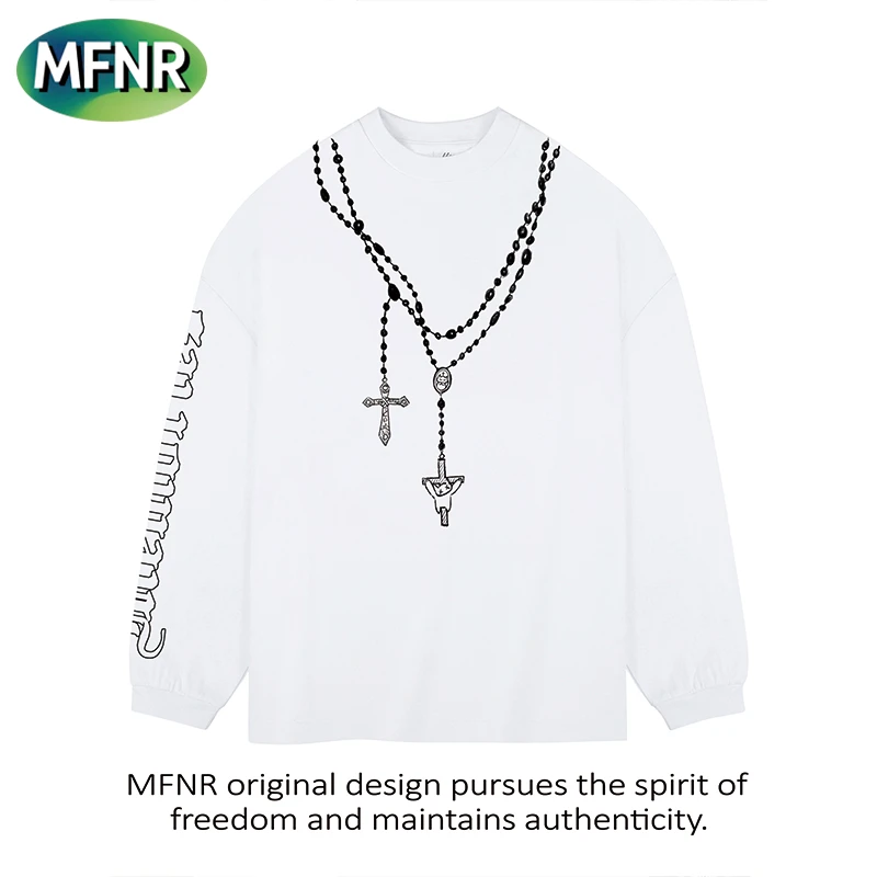 美式潮牌摇滚高街复古十字架项链印花打底衫男女重磅小众长袖T恤