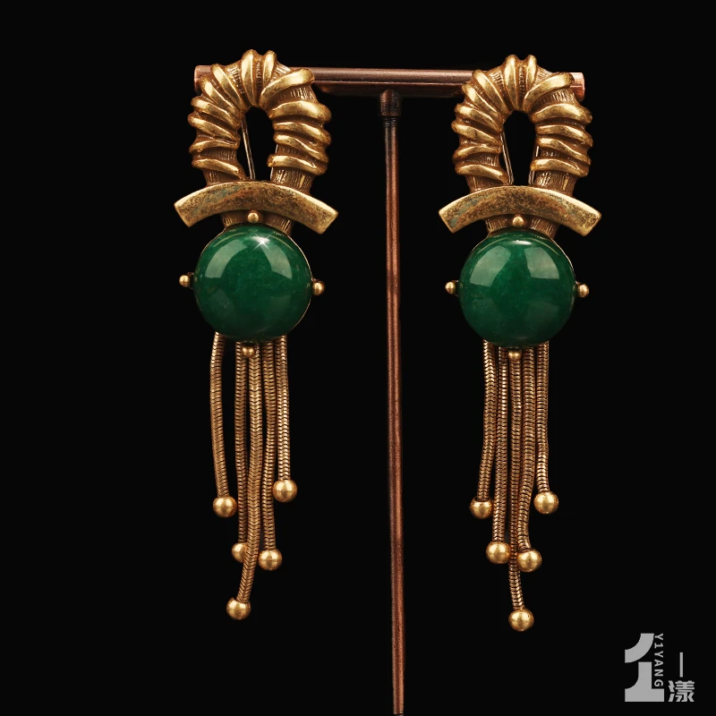 一漾 铜合金合成锆石耳饰 设计师款绿色流苏耳环 气质 时尚