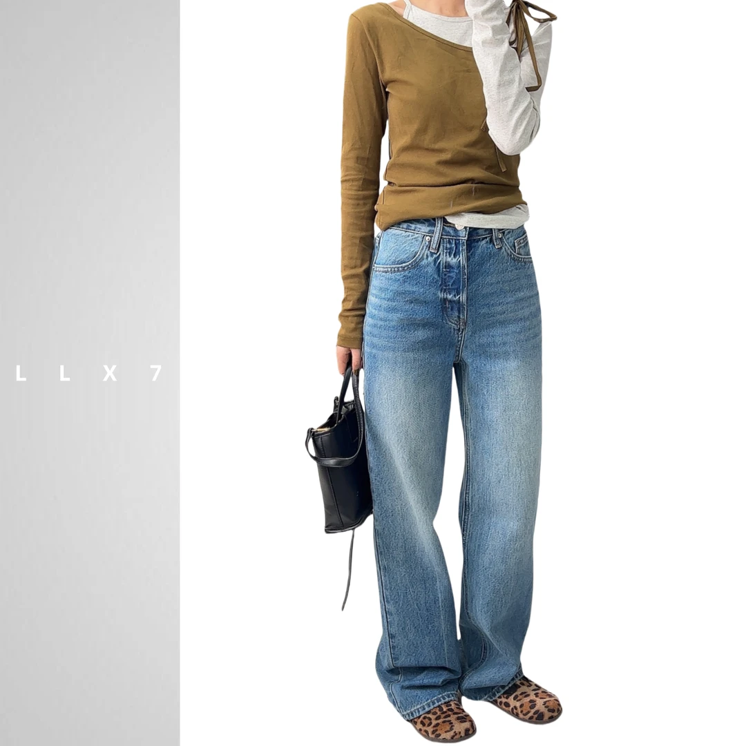 LLX2025早春新款水洗蓝色门襟纽扣直筒牛仔裤洗水线设计百搭长裤