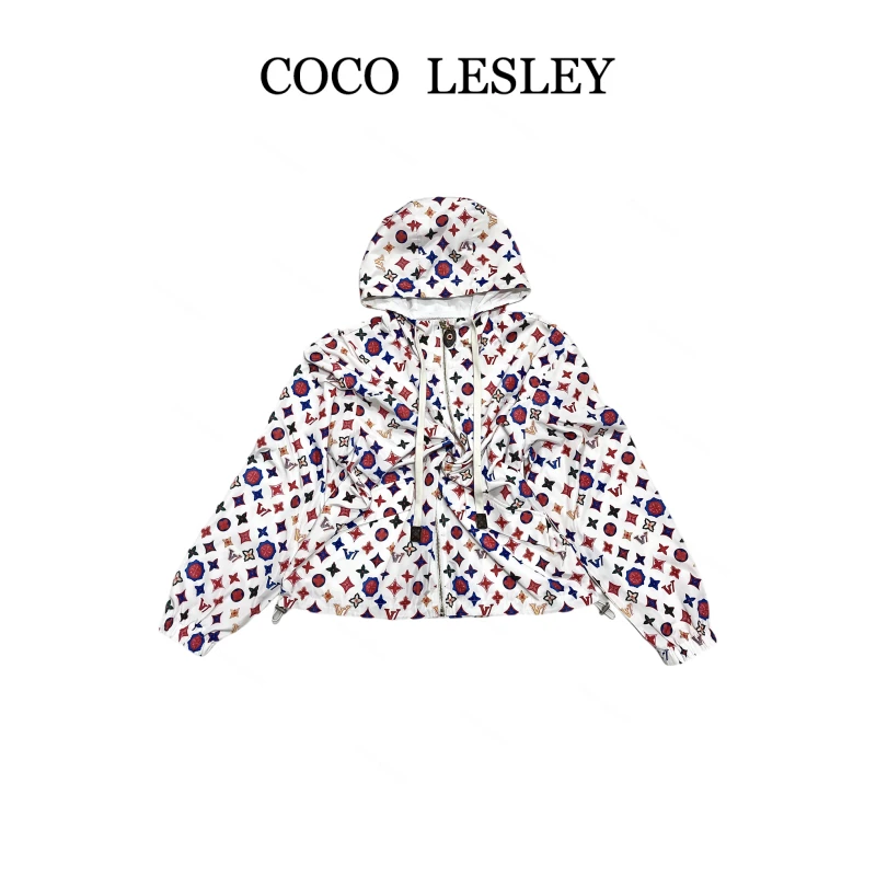 COCO LESLEY 时尚夏季百搭连帽满印三彩短外套7673