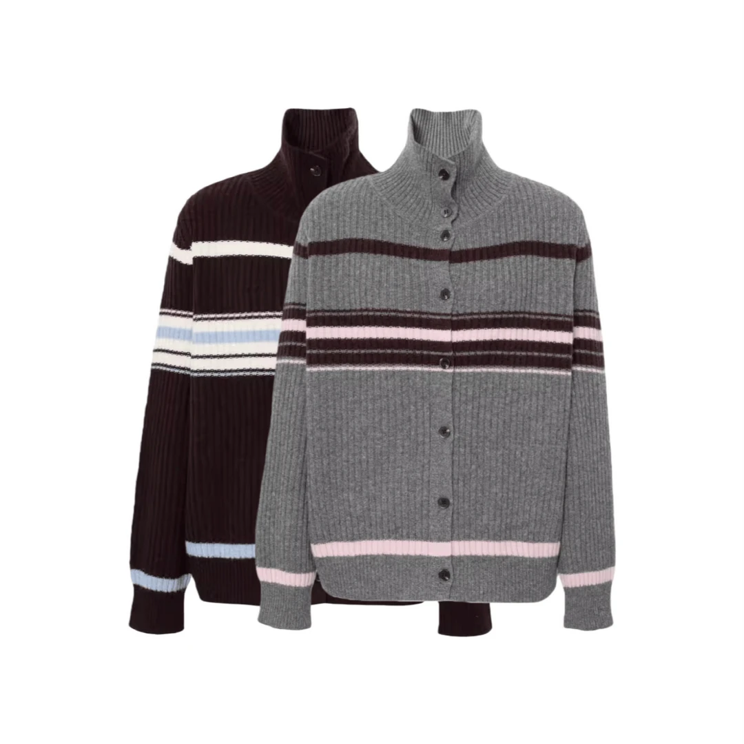 MM商场同款2026春新款时尚百搭高领条纹撞色针织开衫女0561