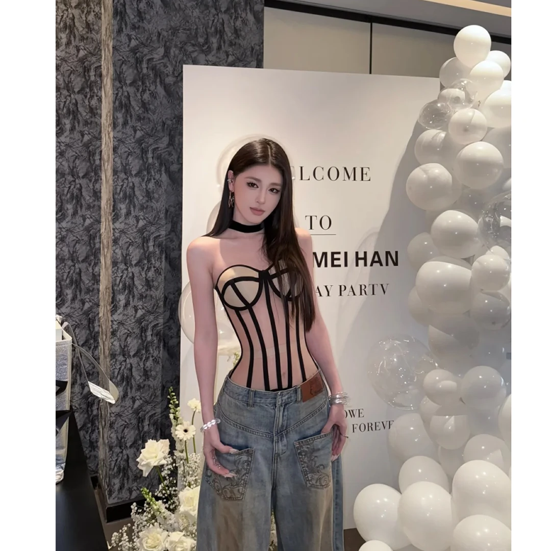 美式辣妹设计感撞色抹胸背心修身新款上衣配显瘦高腰休闲裤两件套