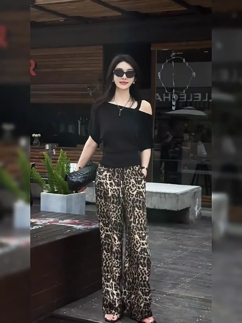 高级感一整套干练气质又a又飒通勤黑色露肩上衣豹纹休闲裤套装女