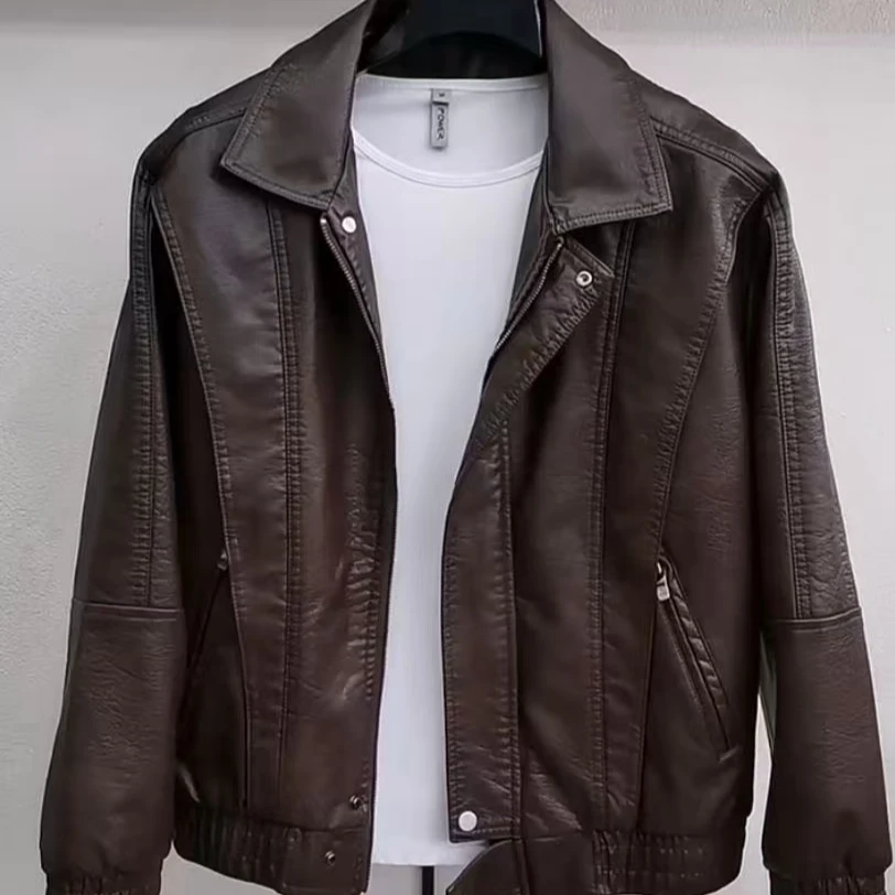 新款高品质男士翻领休闲皮衣夹克外套