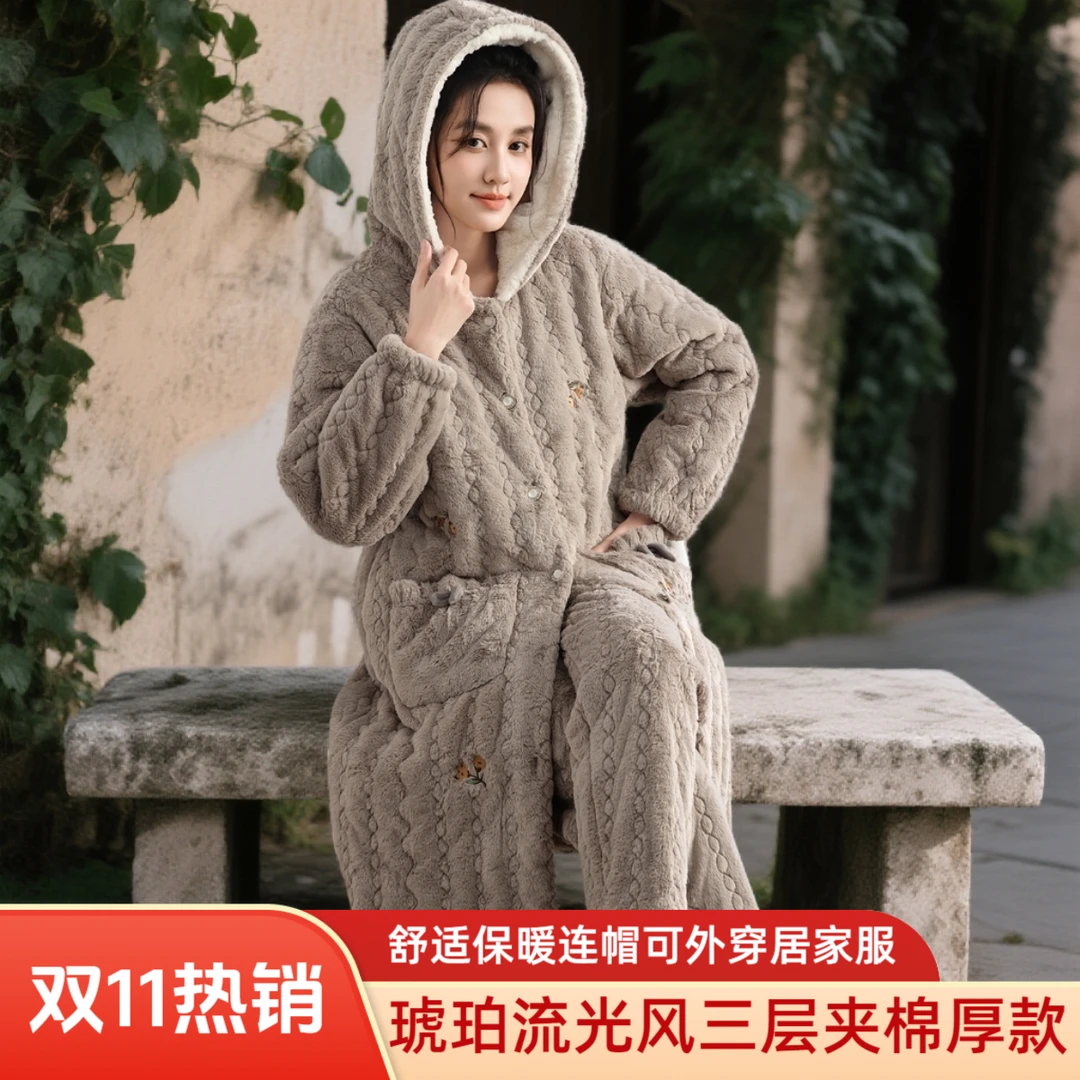 睡衣女冬季加厚加绒爆款2025新款保暖三层夹棉可外穿加厚睡衣