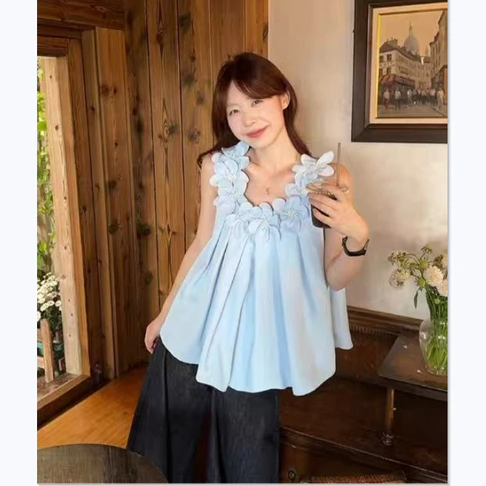 （看姐妹预约人数上新款式）新款韩版巧克少女甜风蓝色花朵无袖背心