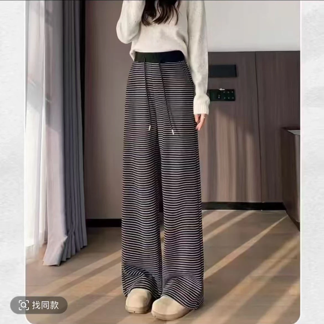 【彤彤家】8262#腰绳条纹加绒阔腿裤L/024