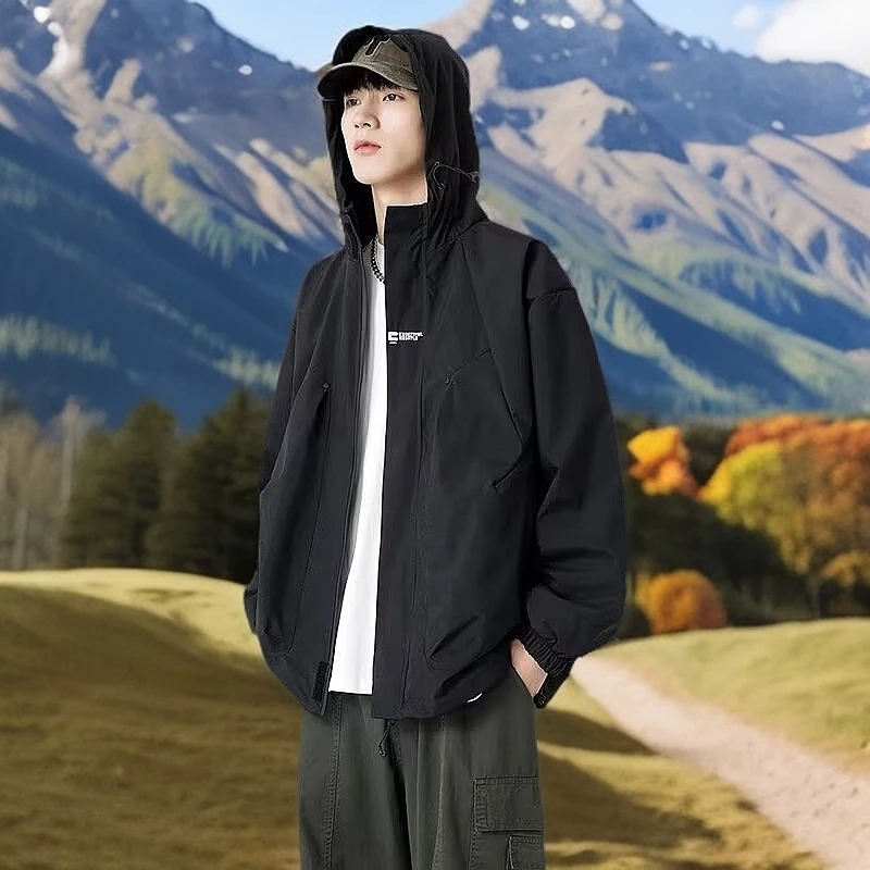连帽冲锋衣外套男款春秋季潮流新款工装夹克户外防风防水登山衣服
