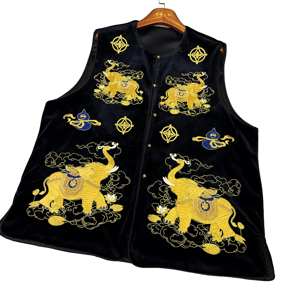 【吉•象】新中式工字型吉象送福丝绒秋季金线刺绣薄款马夹时尚绣花