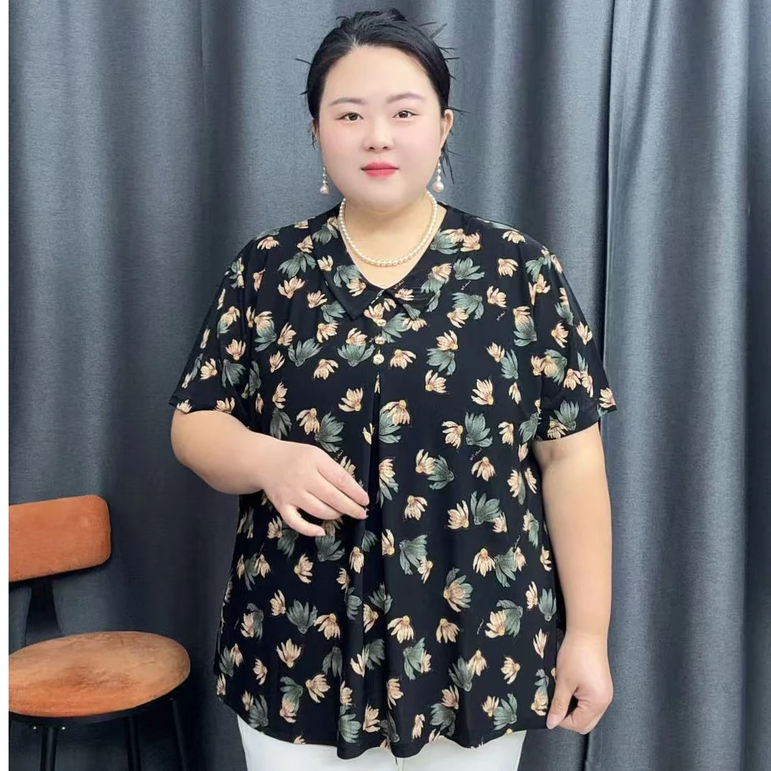 100-240斤胖妈妈夏季冰凉丝滑上衣中老年花色薄款显瘦短袖T恤女