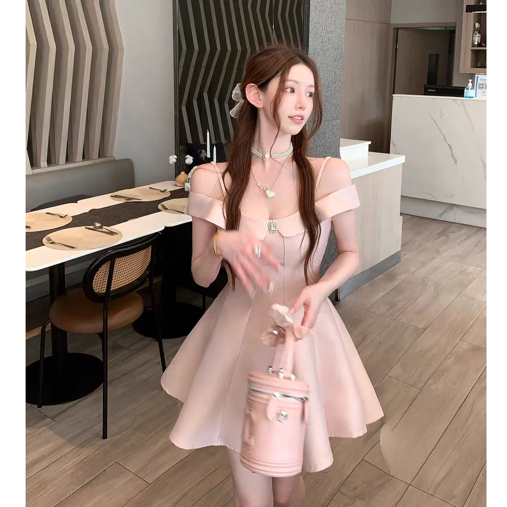 大码女装法式甜美肉粉色法式吊带裙一字肩收腰连衣裙10960