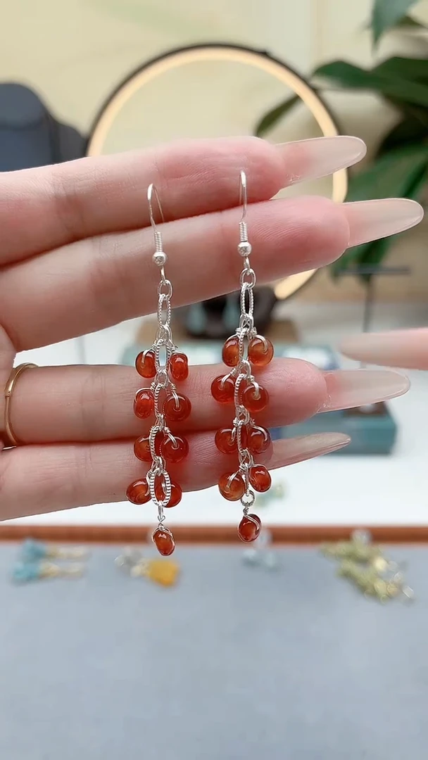 银S925镶嵌耳饰玛瑙/玉髓00红色流苏新配件