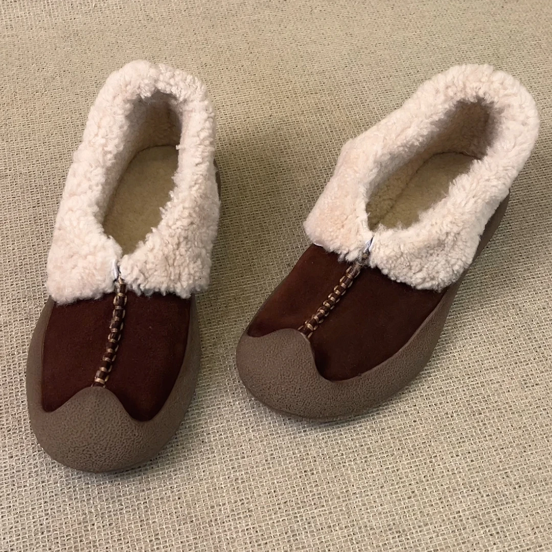 RubyL/3cm复古通勤翻边磨砂舒适一脚蹬圆头厚底加绒毛毛单鞋女款