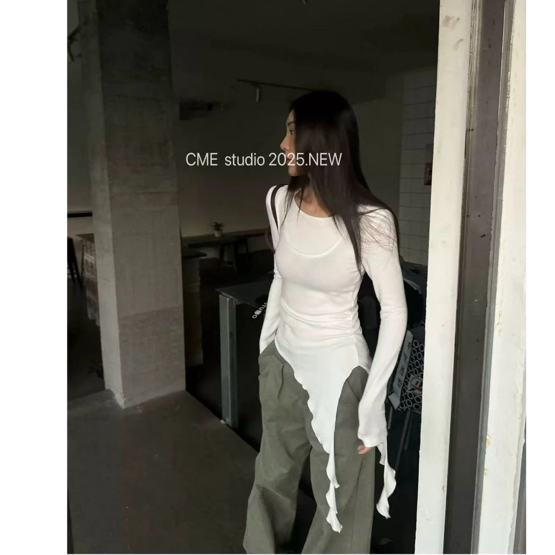 新款修身显瘦不规则飘带纯色长袖T恤打底衫细闪裤子套装5265