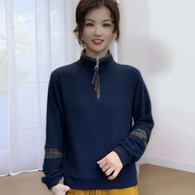秋冬新款休闲时尚宽松打底衫百搭气质格子拼接显瘦立领长袖卫衣女