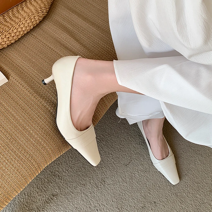 细跟方头单鞋女鞋2025春季新款韩版奶奶鞋一脚蹬通勤鞋百搭工作鞋