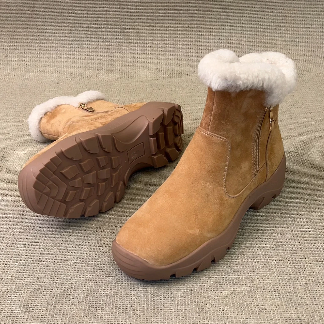 RubyL/5cm简约复古翻边磨砂双侧拉链舒适圆头厚底毛绒雪地靴女款