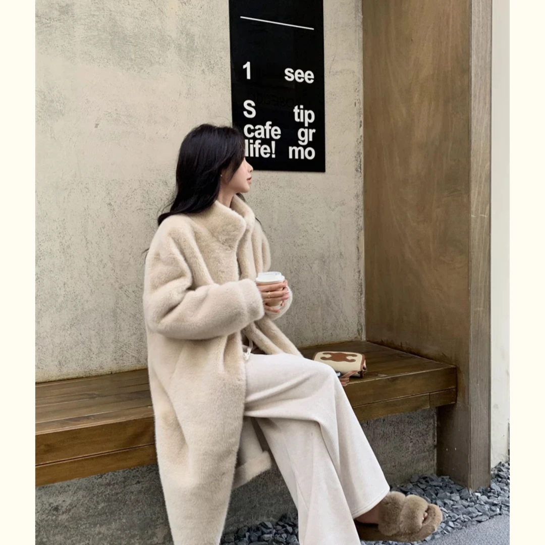 人造皮草 116皮毛一体仿水貂绒环保皮草长款宽松立领加厚皮草外套